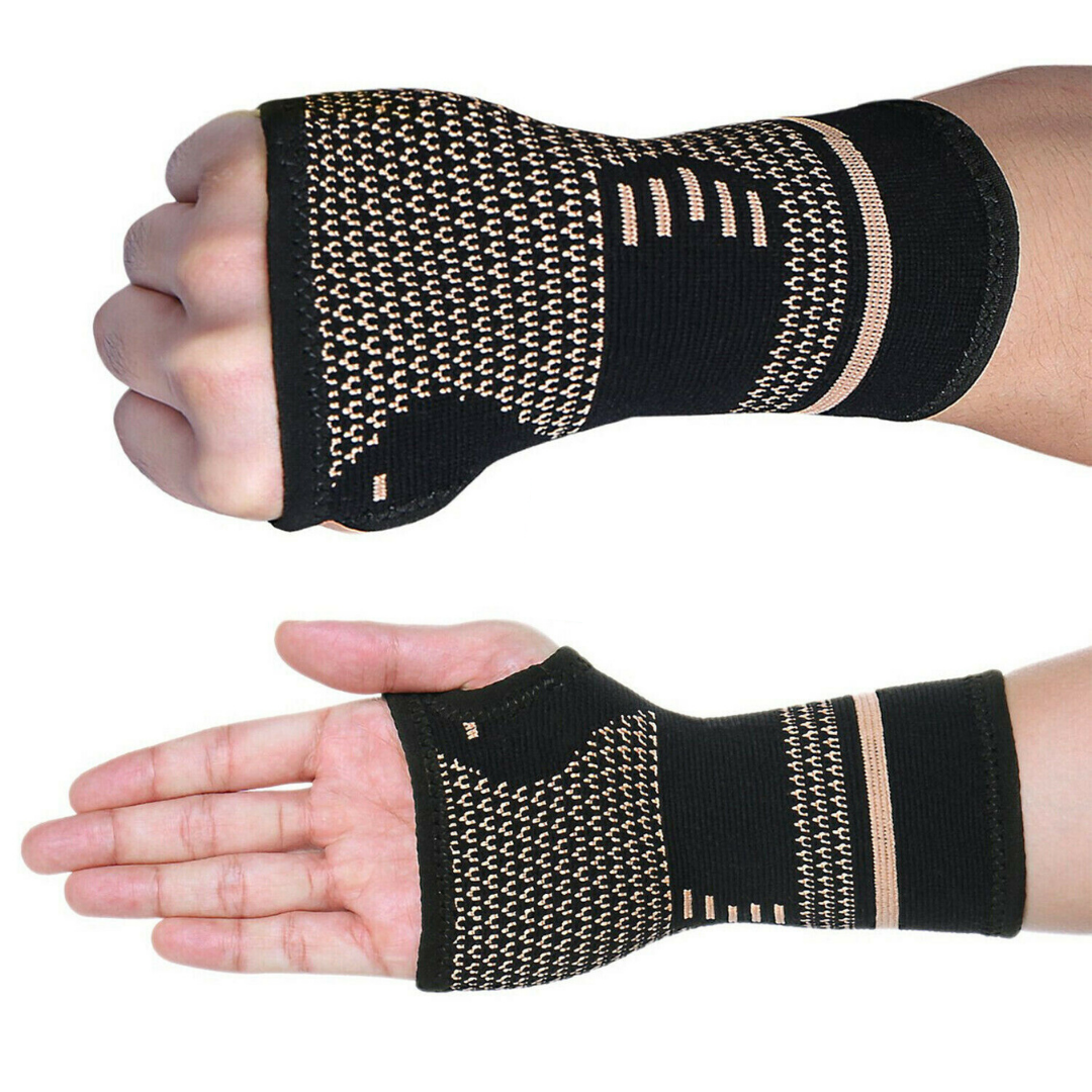 Unisex black copper wrist and hand compression support brace on plain background