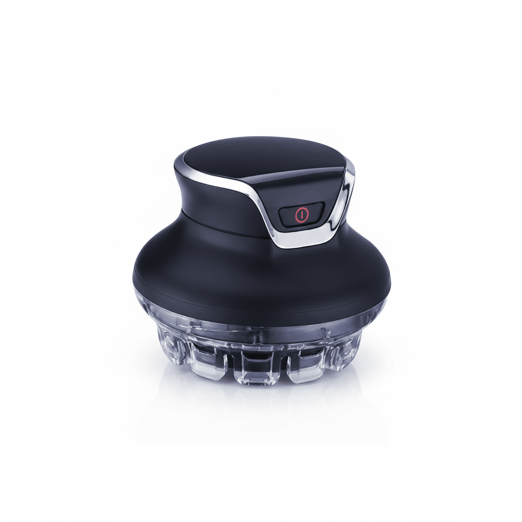 Cordless black hair clipper with ergonomic shape and silver power button on a white background