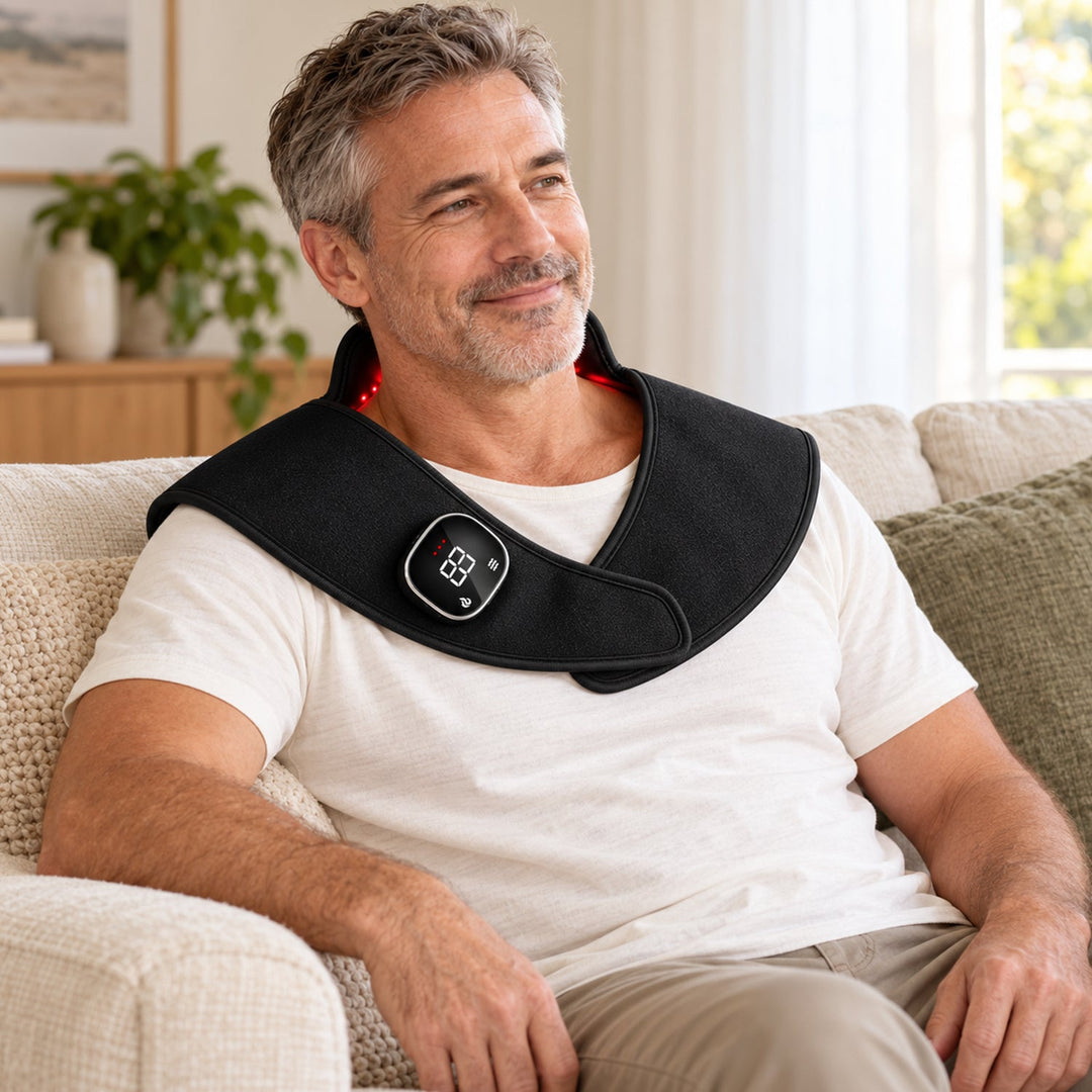 Man relaxing on couch wearing cordless red light therapy neck and shoulder wrap