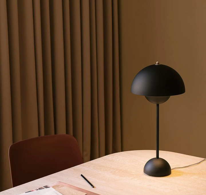 Battery operated retro desk light featuring a stylish umbrella lampshade