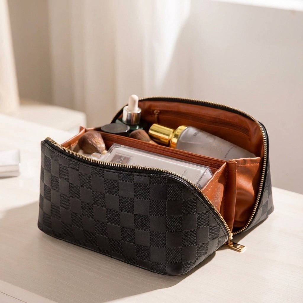 Black cosmetic bag and beauty organizer pouch featuring durable daily travel design