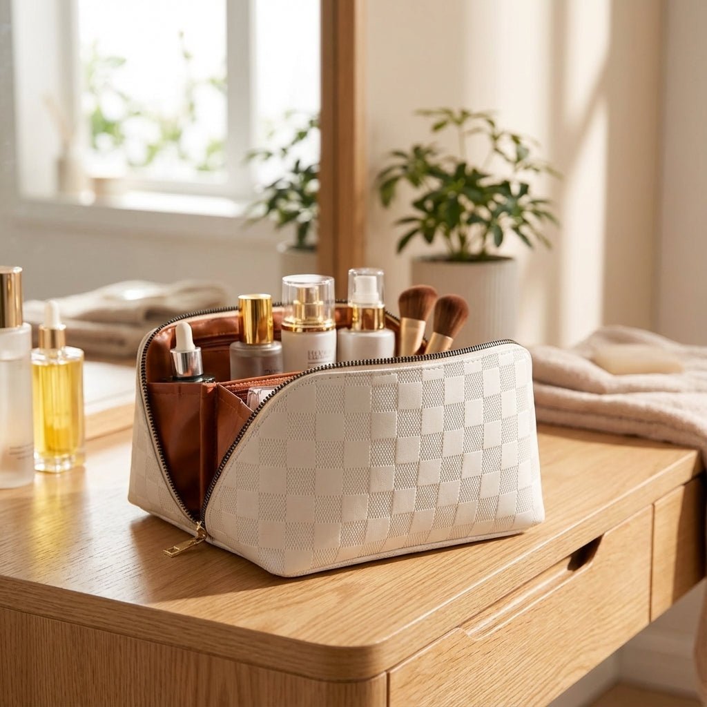 Cream cosmetic bag displayed on a wooden vanity next to bottles and skincare products