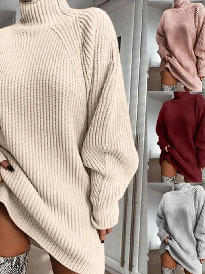 Long sleeve winter knit dress in soft celeste color, side angle