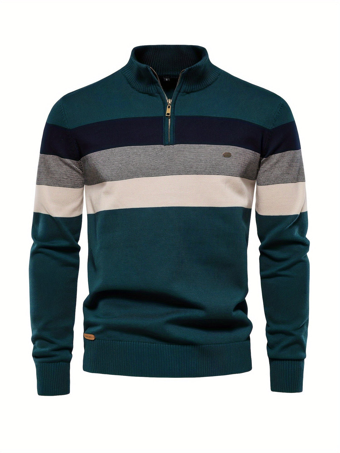 Dark green men's knitted half-zip sweater with colour block stripes