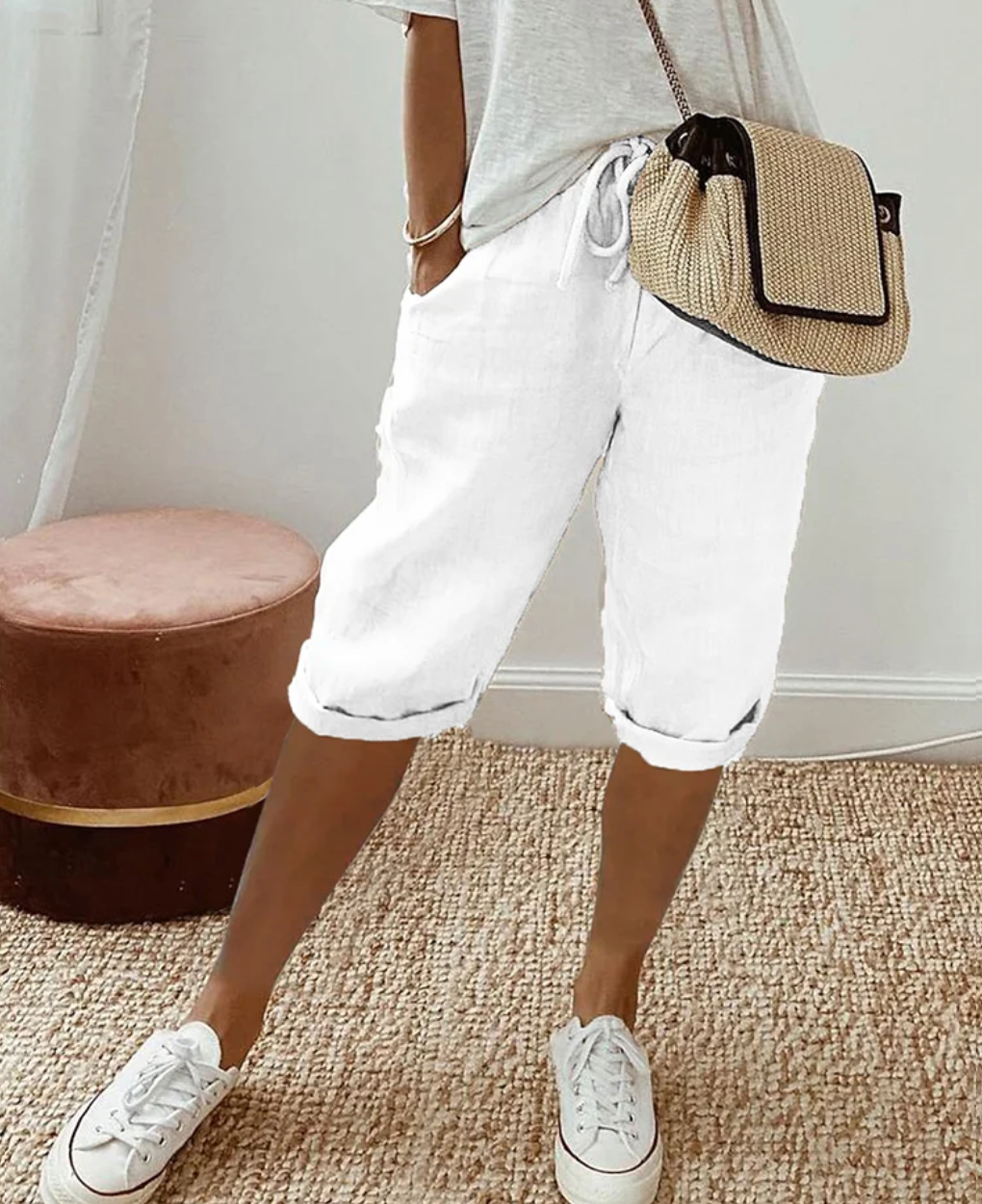Green cotton casual drawstring shorts for women, relaxed fit summer wear