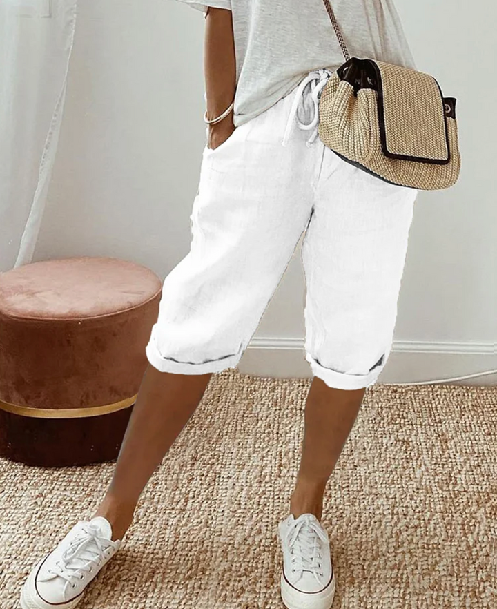 Green cotton casual drawstring shorts for women, relaxed fit summer wear