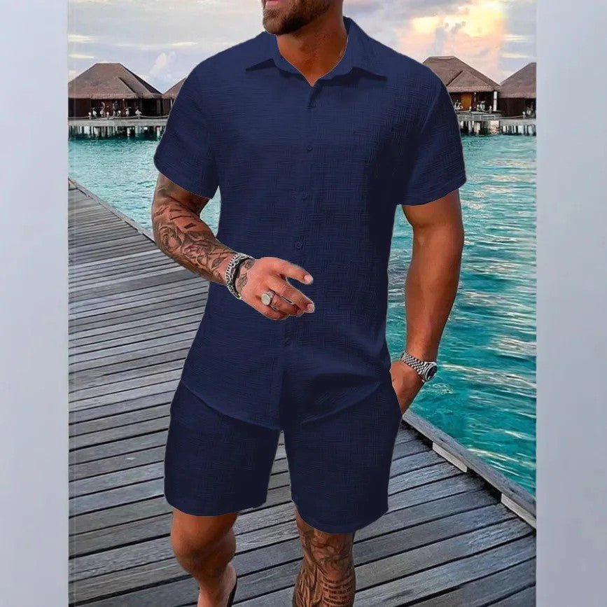 Mens summer outfit showing the textured fabric of the shirt and shorts set
