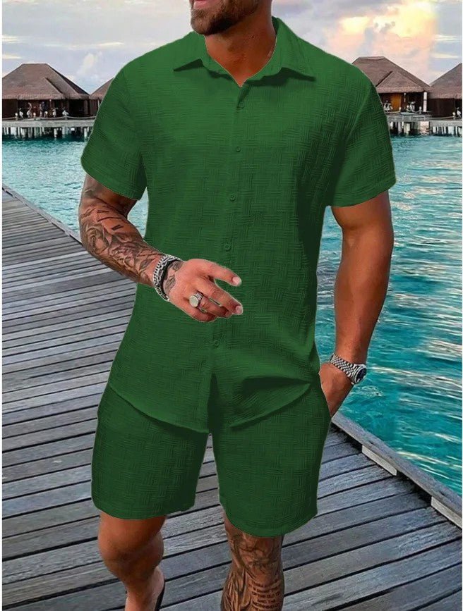 Close up view of the mens short sleeve shirt and drawstring shorts combination