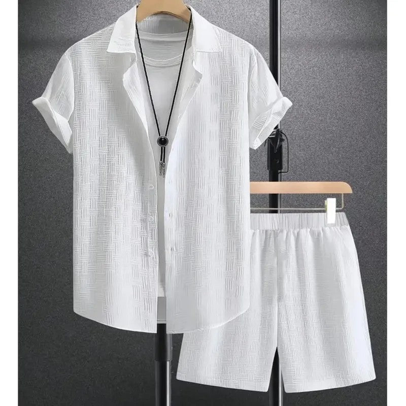 White short-sleeve shirt and drawstring shorts outfit set on a hanger