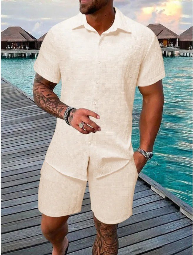 Casual clothing outfit for men with short sleeve shirt and lightweight shorts