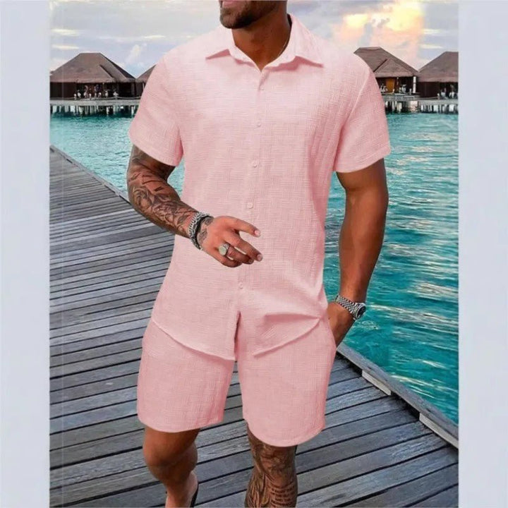Summer set featuring a button down short sleeve shirt and matching shorts