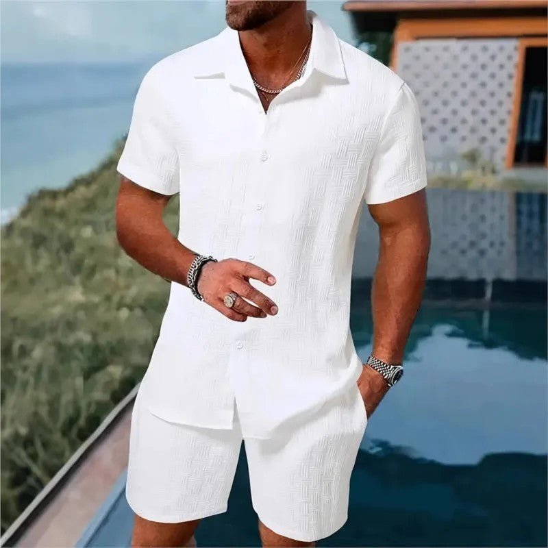 Mens casual short sleeve shirt and drawstring shorts outfit set in relaxed fit