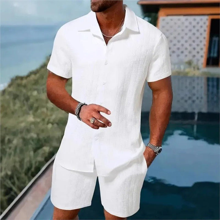Mens casual short sleeve shirt and drawstring shorts outfit set in relaxed fit