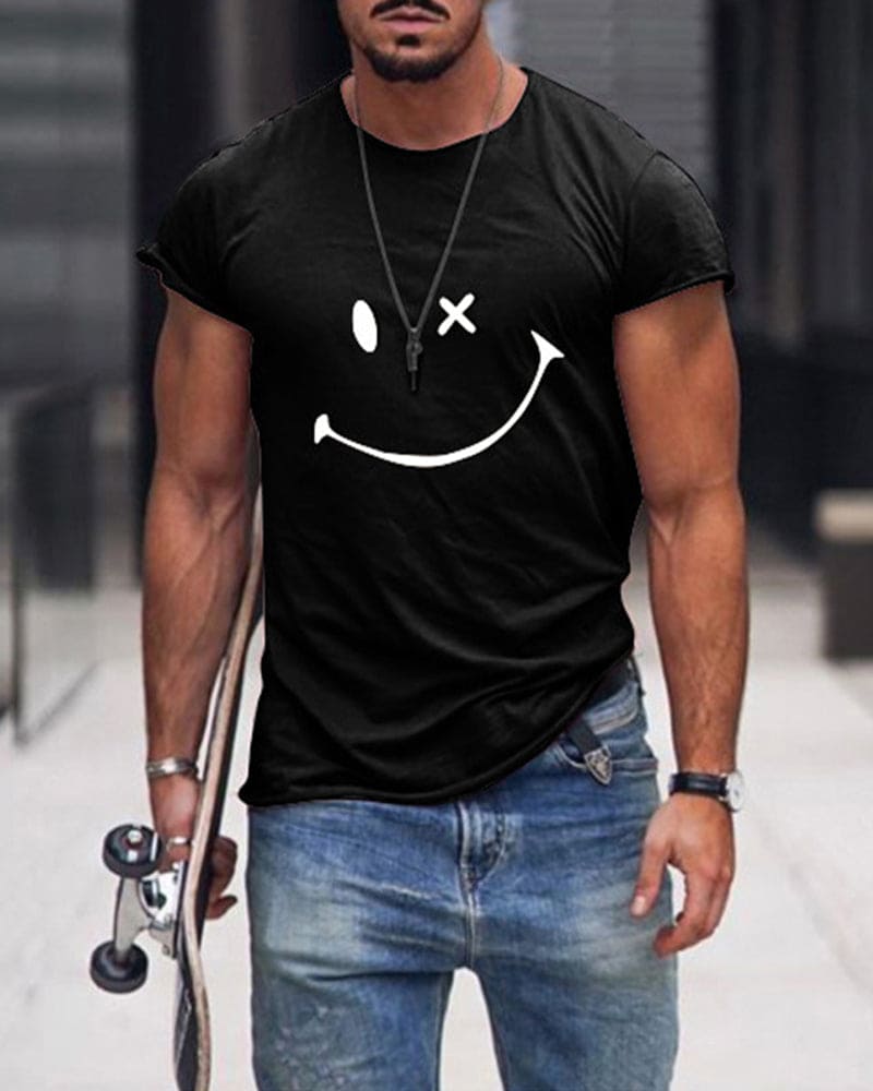 Casual crew neck men's t-shirt in cotton with smiley print