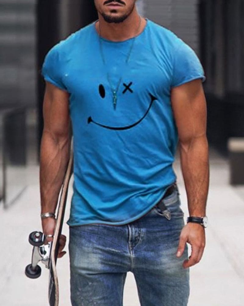 Short sleeve graphic tee for men featuring cheerful smiley face
