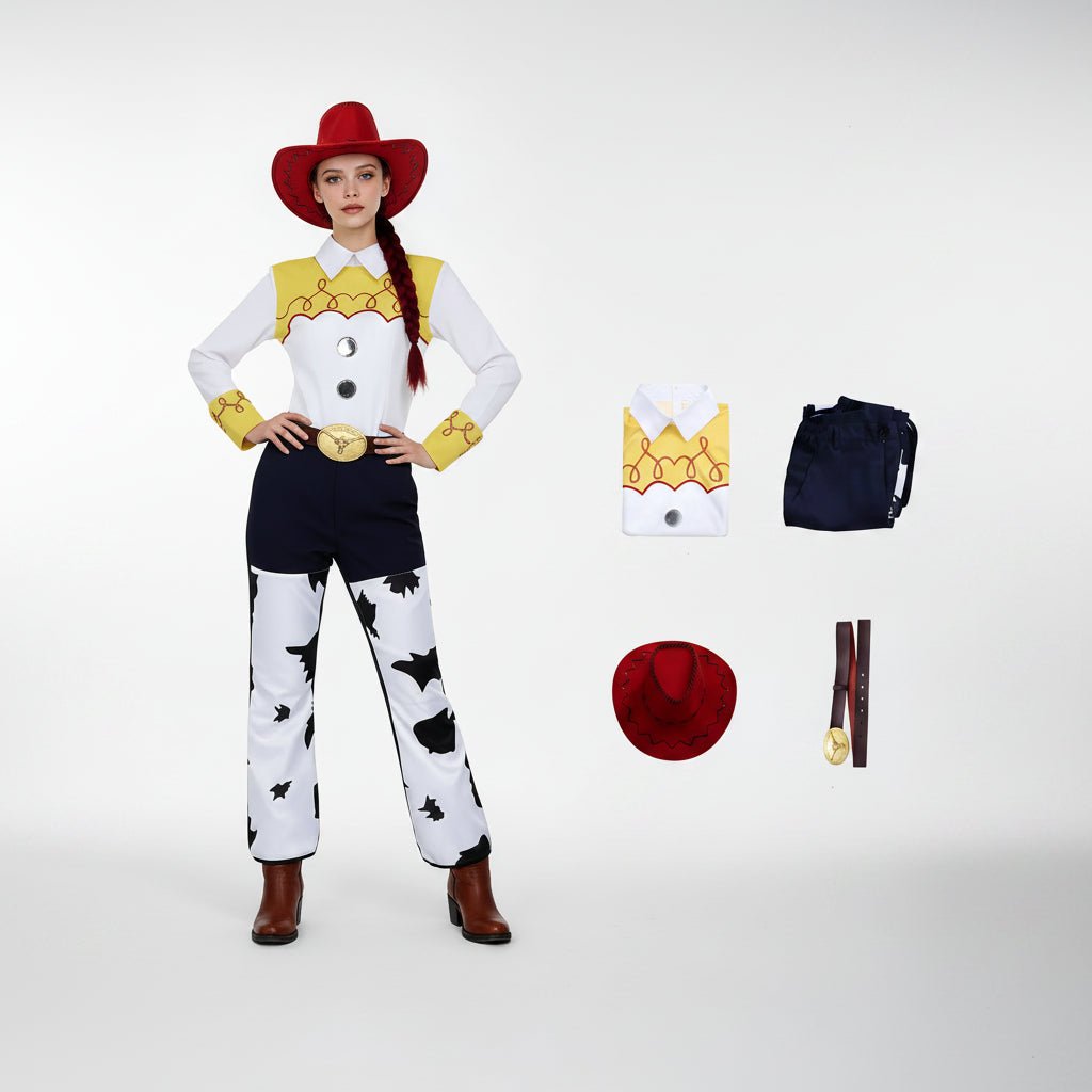 Model wearing a western cowgirl costume set with hat and boots against a white background