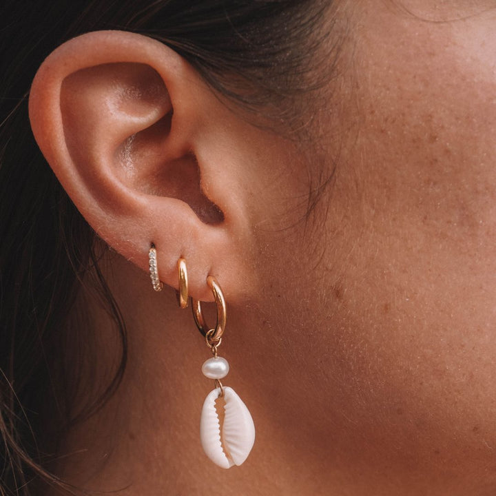 Gold coastal cowrie shell drop earrings for women, boho beach jewelry