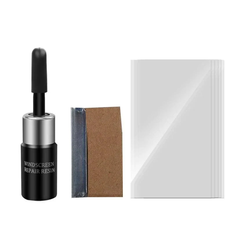 Cracked glass repair kit components including resin bottle, blade, and curing films