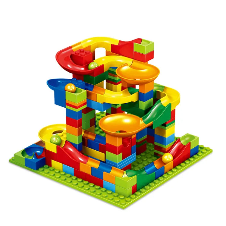 Colorful marble run track fully assembled with multiple twists and turns