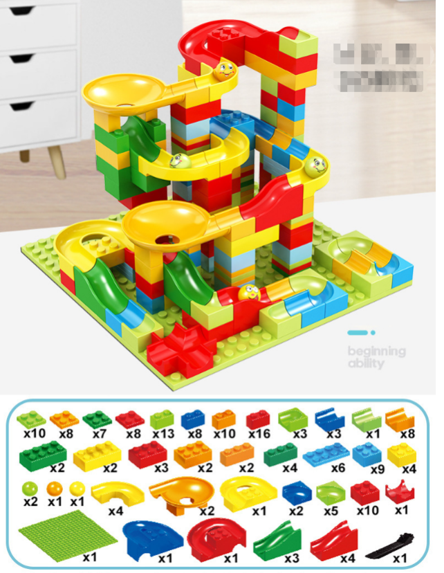 Complete 168-piece set layout showing all building blocks and marbles