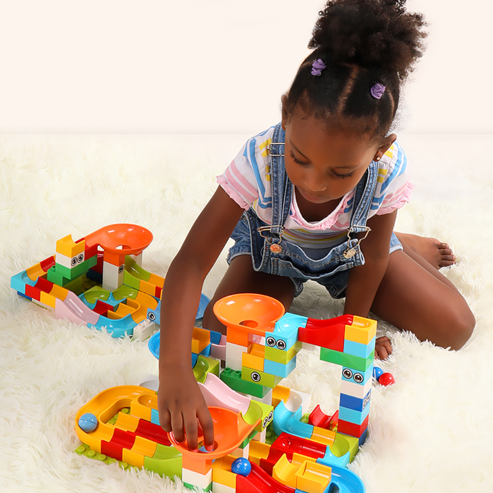 Kids building blocks set assembled into a colorful marble run construction toy