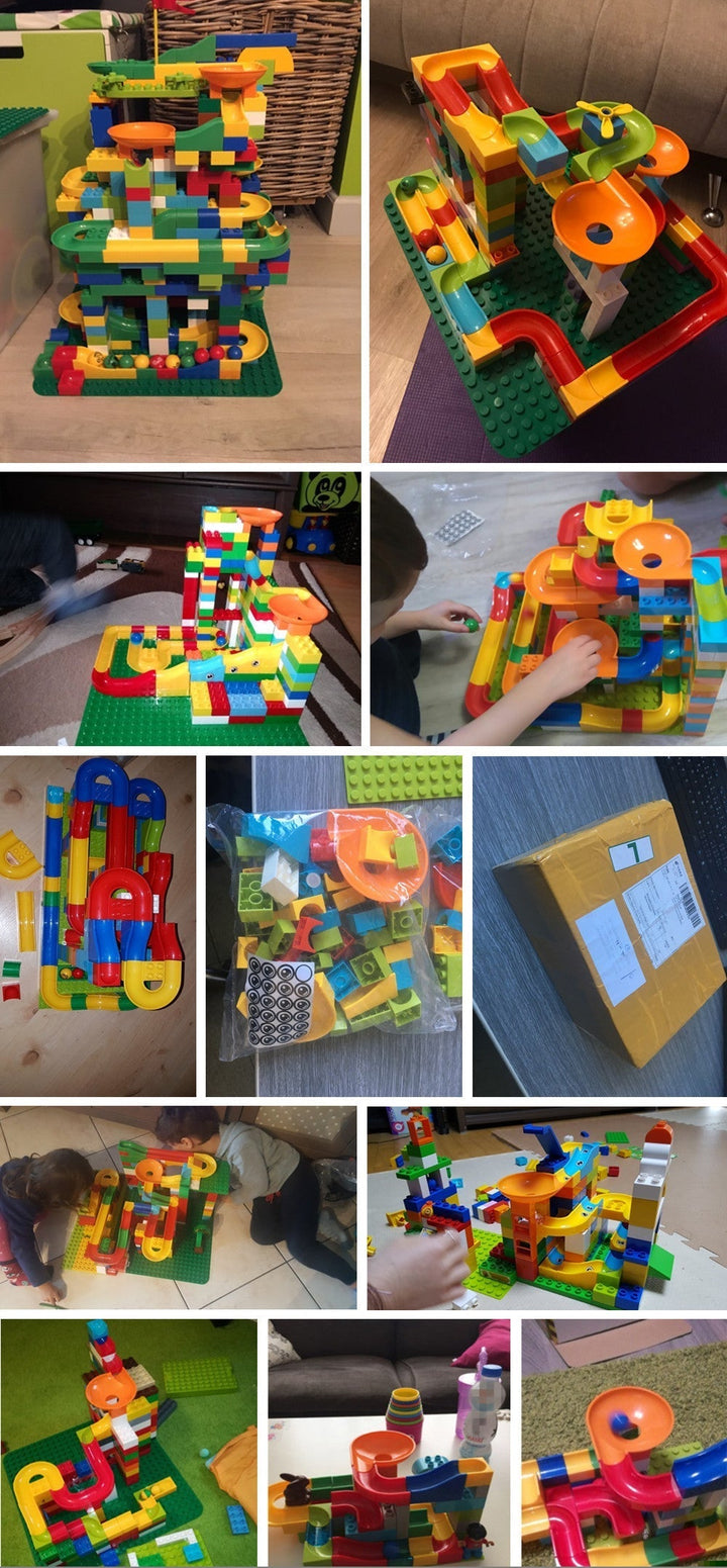Creative construction set gift for kids featuring assorted marble run pieces