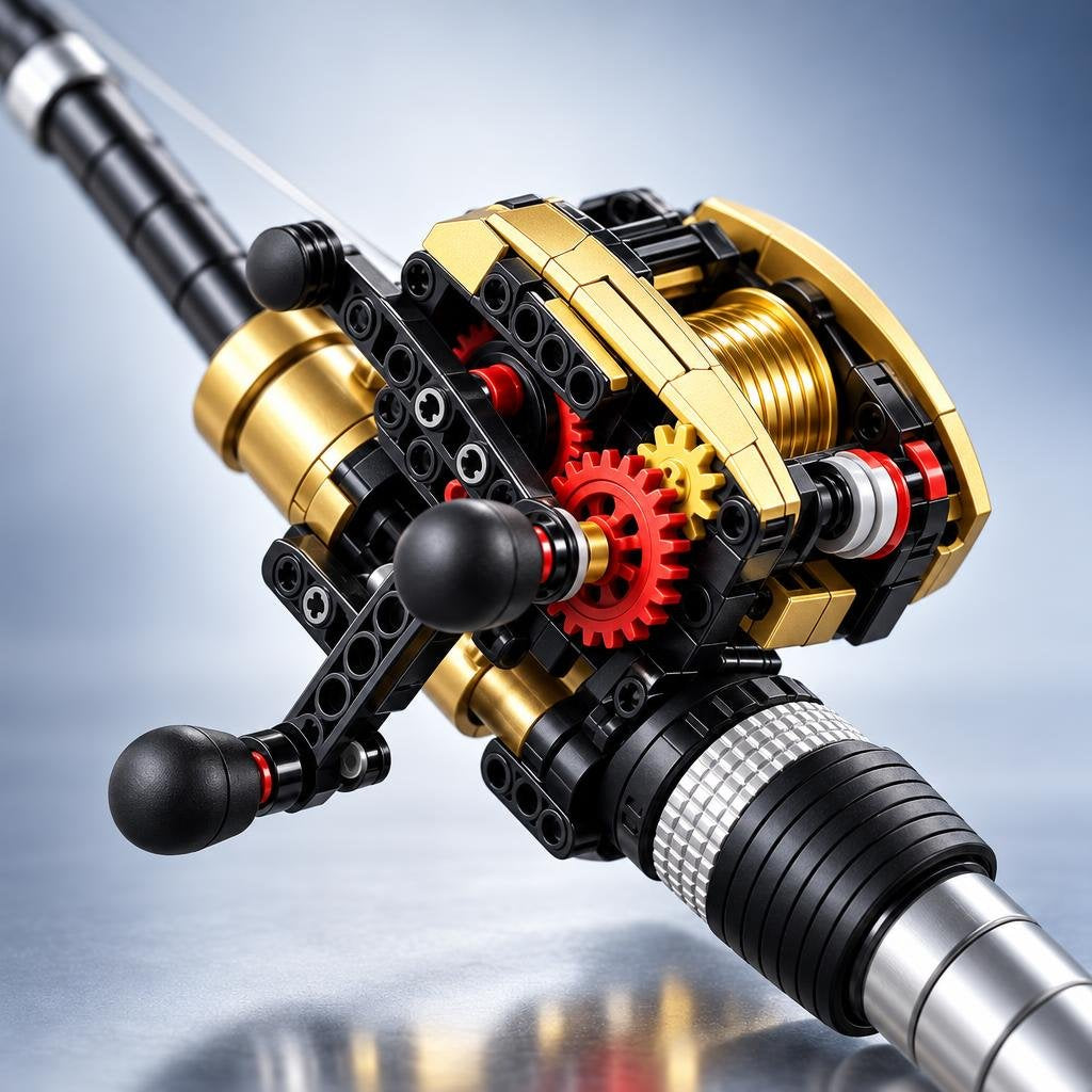 Close-up of the intricate gold and black mechanical reel gear mechanism from the fishing rod building kit.