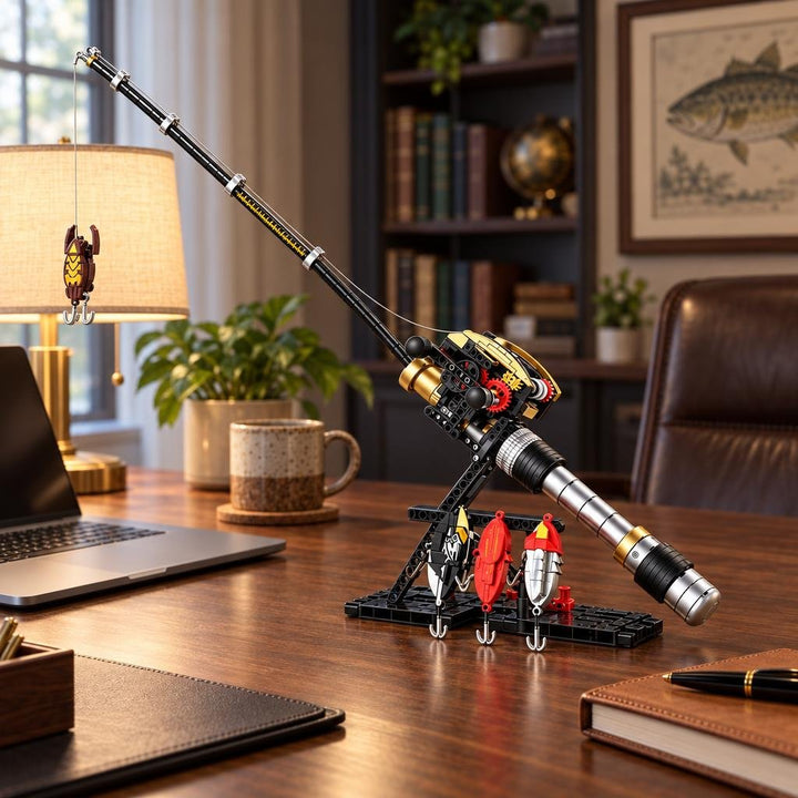 Completed mechanical fishing rod and reel model proudly displayed on an office desk next to miniature lures.