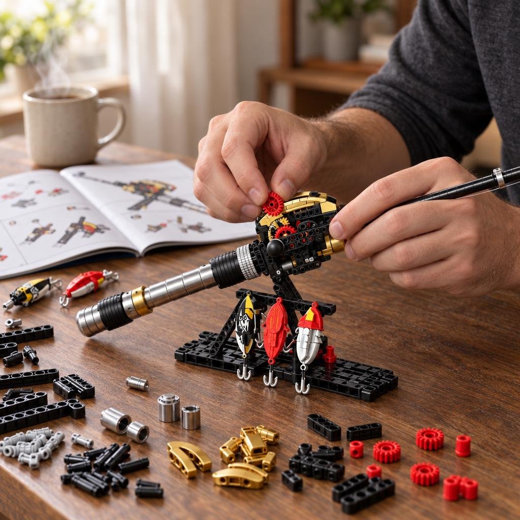 Hands assembling the mechanical fishing rod building kit with color-coded instruction manual and parts.