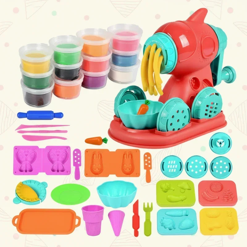 DIY craft set featuring vibrant modeling clay and toy kitchen accessories