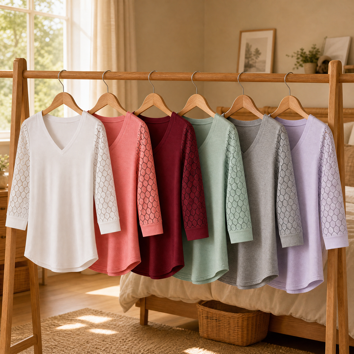 Stylish v-neck top for women featuring intricate lace trim on the sleeves