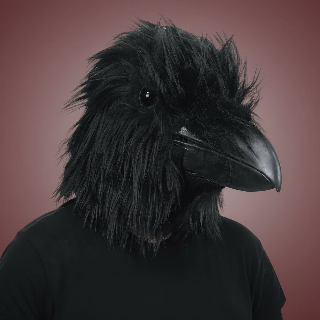 Person wearing realistic full head black crow mask with detailed beak