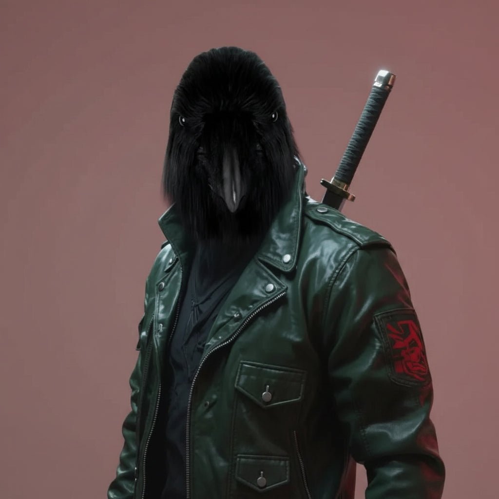 Cosplay model wearing full head crow mask with green jacket and sword