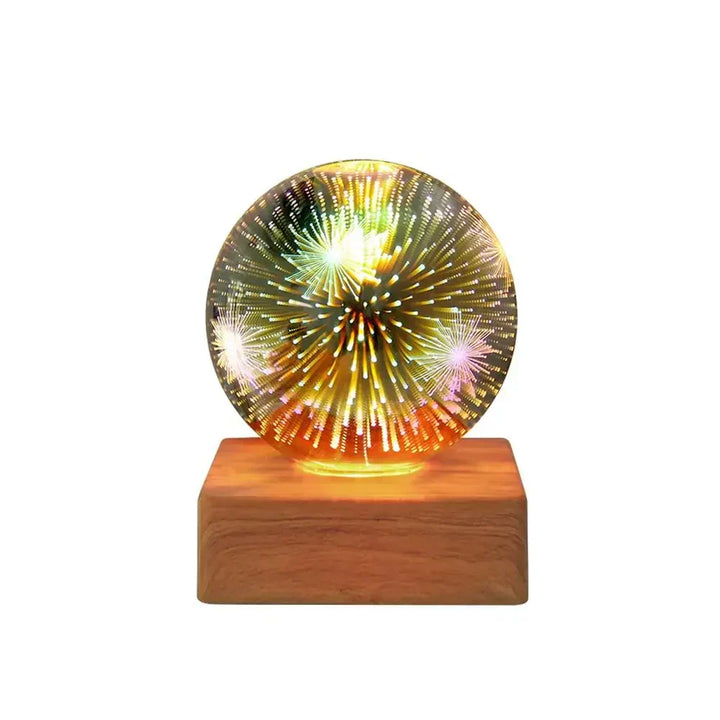 USB powered 3D firework crystal ball lamp placed on a wooden bedside table as romantic decor