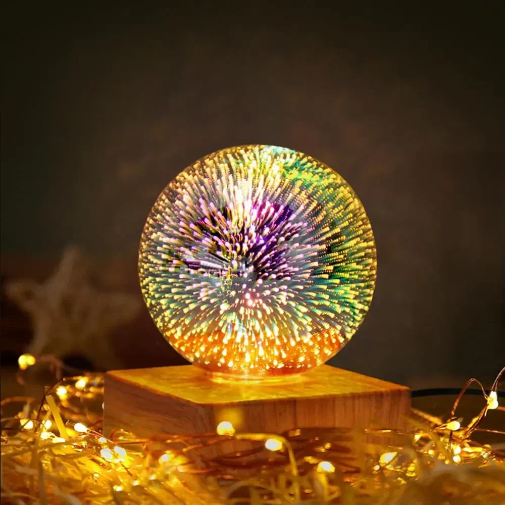 Glowing 3D firework crystal ball lamp on wooden base