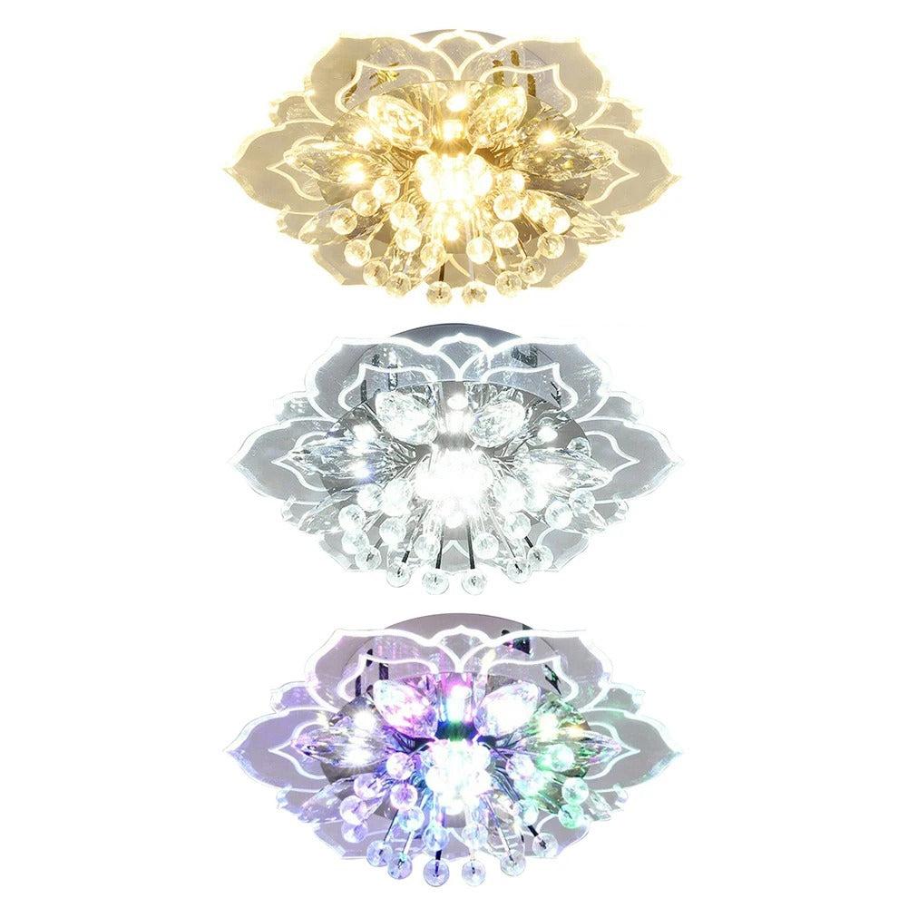 Modern LED crystal flower chandelier showing intricate petal design and warm illumination