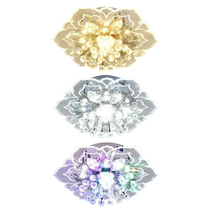 Modern LED crystal flower chandelier showing intricate petal design and warm illumination