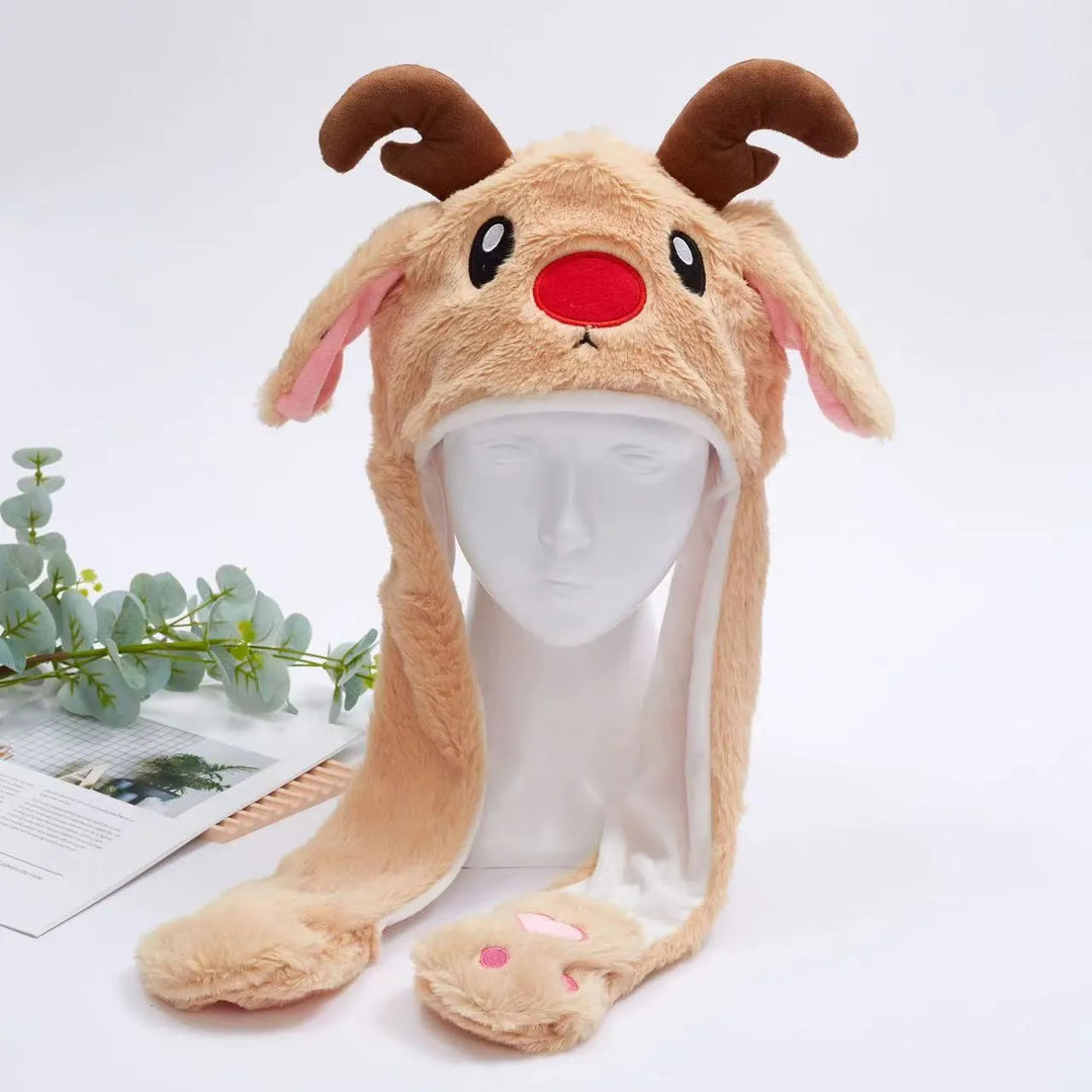 Detailed view of plush animal hat with movable ears mechanism