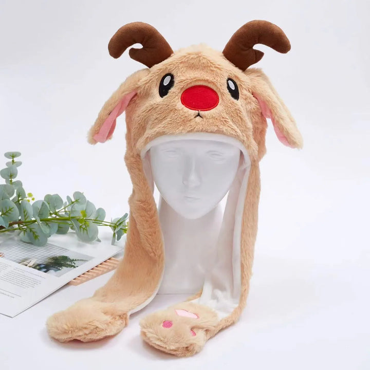 Detailed view of plush animal hat with movable ears mechanism