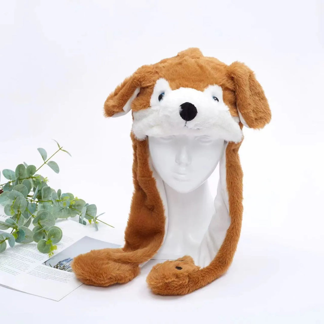 Cozy plush animal cap with interactive features active