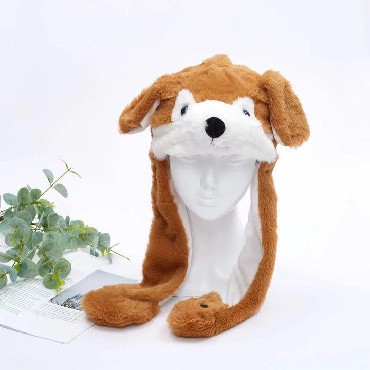 Cozy plush animal cap with interactive features active