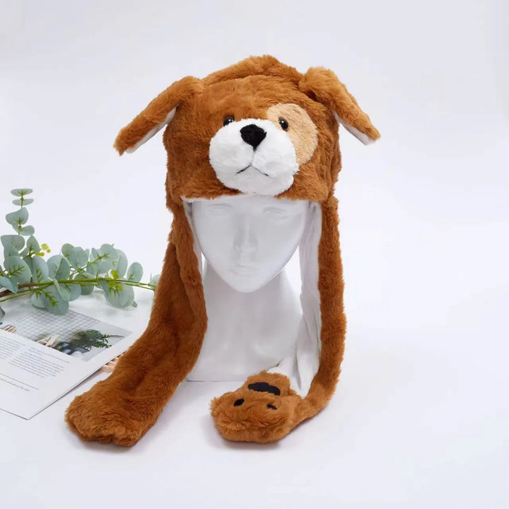 Fuzzy novelty hat with long ears and paw-activated movement