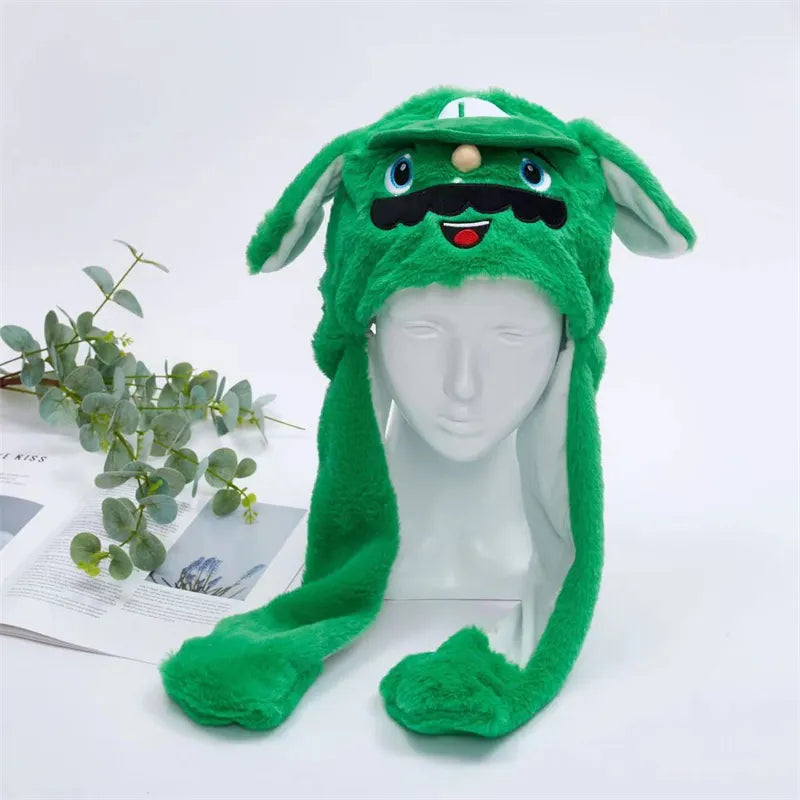 Fuzzy animal hat with animated ears activated by paws