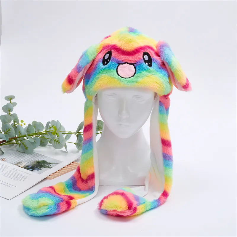 Unisex cute plush moving ear hat with interactive paws front view