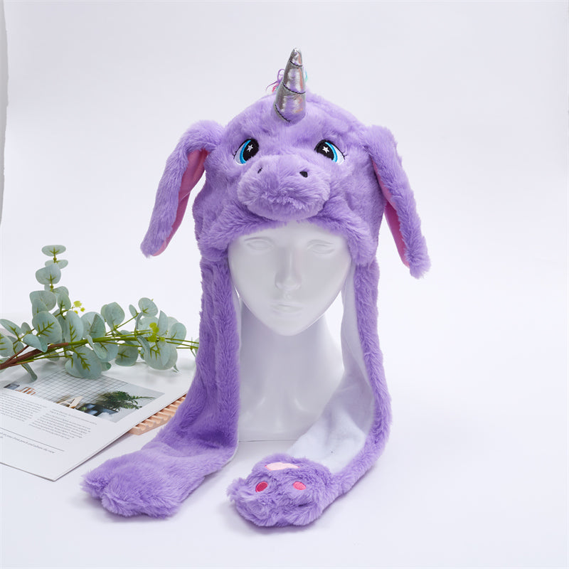 Cozy plush moving ear hat showing back detail