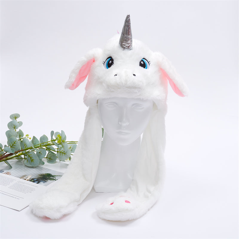 Complete view of unisex plush moving ear hat with paws