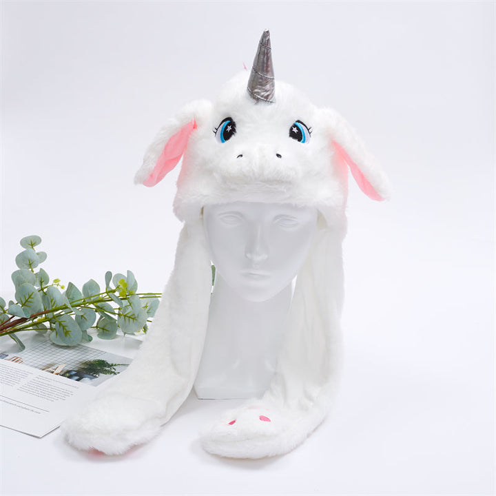Complete view of unisex plush moving ear hat with paws