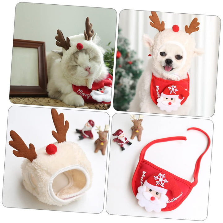 White reindeer pet hat and Santa bib set shown on a cat and a small dog