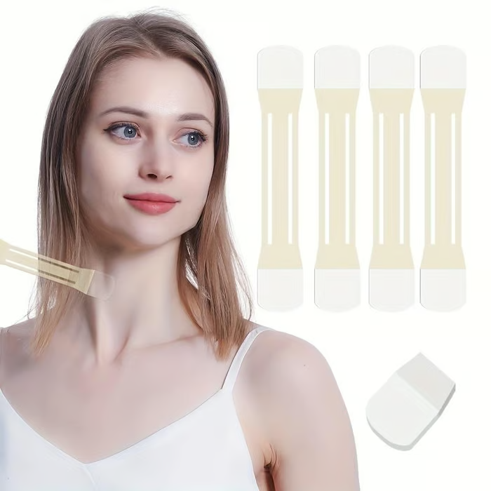 Model demonstrating invisible neckline lift tape on jaw and neck