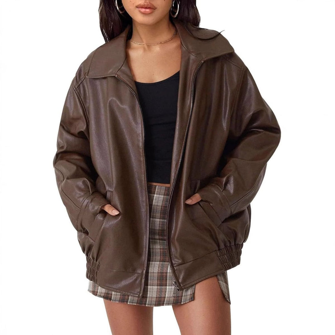 Womens oversized collar bomber jacket in black leather, front view